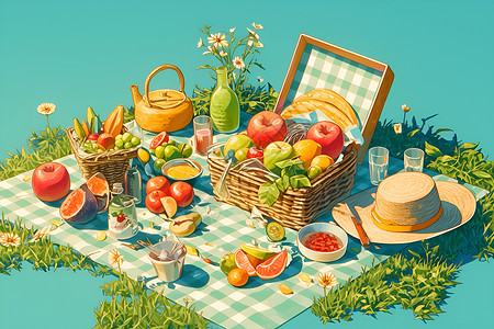 水果篮卡通图野餐桌上的果篮插画