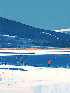 岸边垂钓的人冰湖中垂钓的人插画