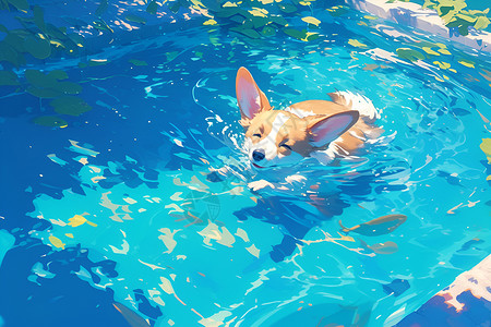 仰天游泳的柯基犬插画