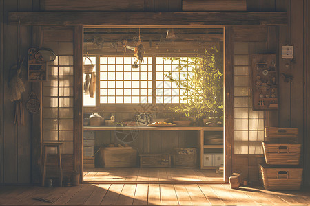 黄昏植物木屋的窗户插画