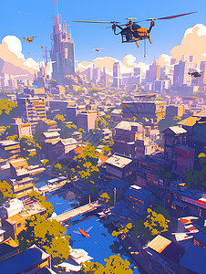 航拍大楼城市上空的无人机插画