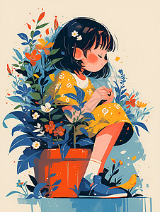 花盆中植物展示的花盆和女孩插画