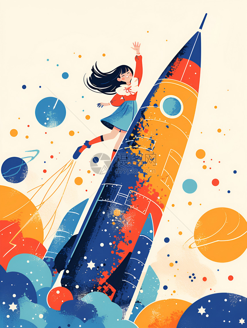 乘坐火箭冒险的年轻女孩图片