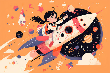女孩挥手火箭上的冒险少女插画
