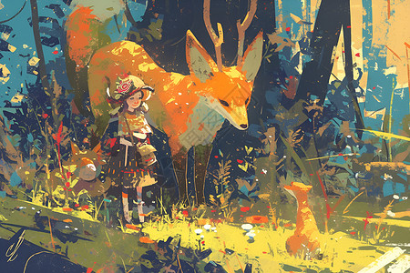 森林中的少女与鹿背景图片