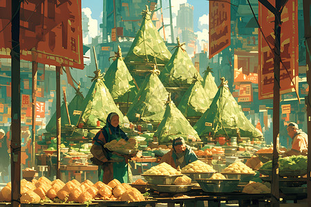 热闹市场中的绿粽背景图片