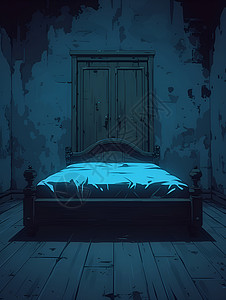 黑暗卧室内的木床背景图片