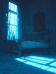黑暗卧室幽灵房屋内的木床插画