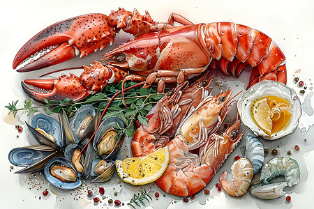 烤基围虾海鲜食材的大餐插画