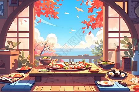 海景餐厅寿司餐厅插画