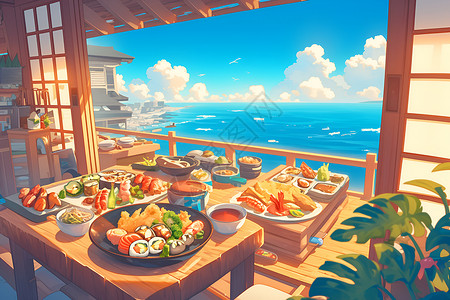 海边餐厅海边寿司餐厅插画