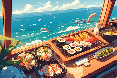 海景餐厅海景和美食插画