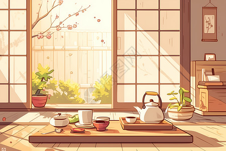 日式木质茶杯宁静的茶座景观插画