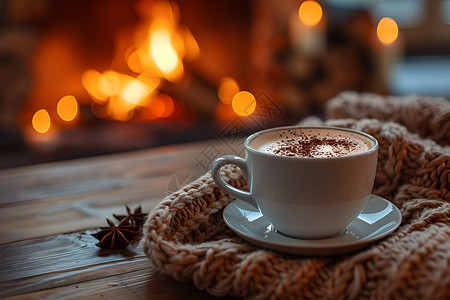 热饮代金券炉火旁的黑咖啡与温暖夜晚背景