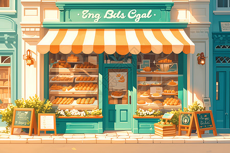 蛋糕店门面店面橱窗中展示的糕点插画