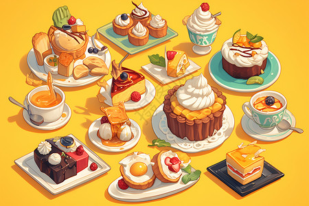 桌子糕点各种各样的美味甜品插画