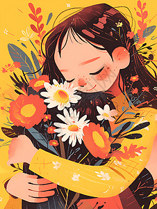 抱植物的女孩抱着花束的女孩插画