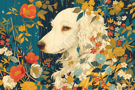 白狗花朵素材花园中的白犬插画