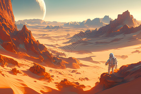 火星探测车火星表面的宇航员插画
