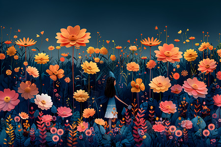 奇幻艺术奇幻花卉中的女孩插画