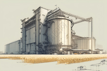 粮食工程设计的粮食工厂建筑插画