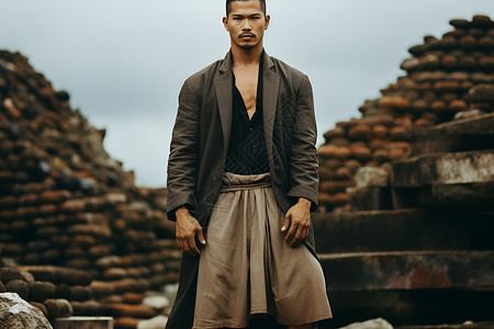 男子身穿传统服饰在堆木前背景图片