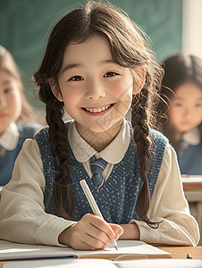 女孩向前地小学生专注地坐在课桌前写字背景