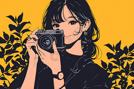 使用相机拍照的韩系女孩拿着相机的女孩插画