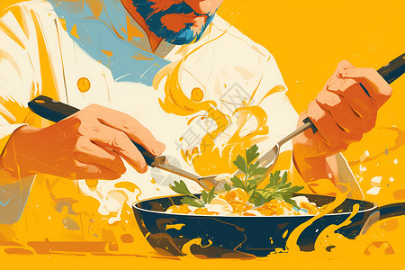 男厨师拿锅厨师烹饪美味食物插画