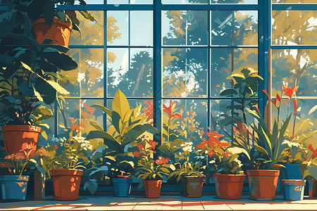 温室花园阳光下的玻璃温室插画