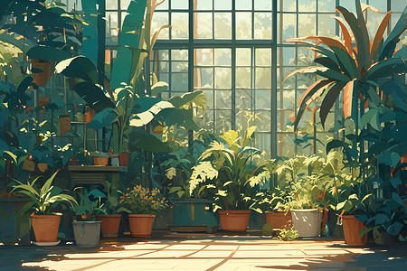 耳温玻璃温室里的植物插画