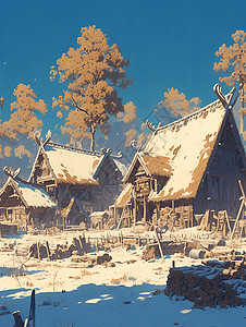 茅屋卡通雪地里的村庄插画