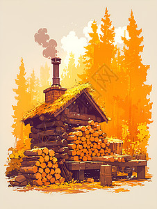 小木屋堆满柴火背景图片