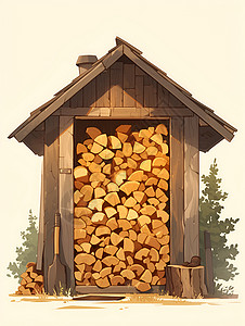 堆满了柴火的小木屋背景图片