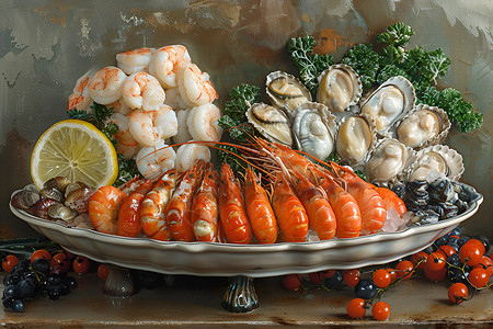 海鲜美食背景盘子里的海鲜插画