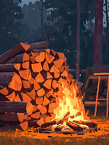 篝火旁整齐码放的柴火堆插画