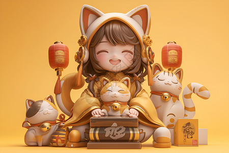 猫塑像上的小女孩插画