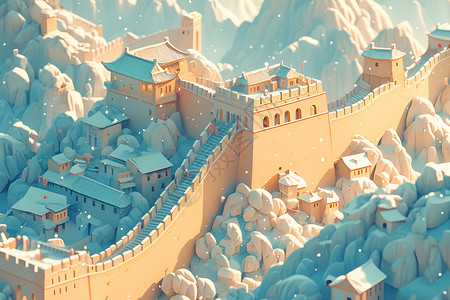 卡通长城雪中壮丽的长城风景插画