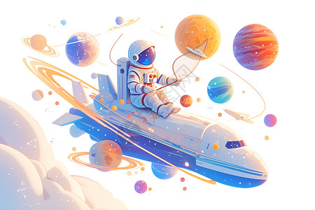 航空贸易太空船上的卡通宇航员插画