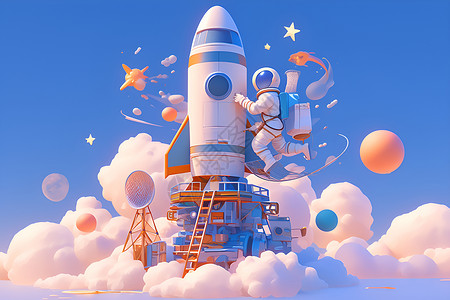 航空科技图片漂浮于星空的太空人与火箭插画