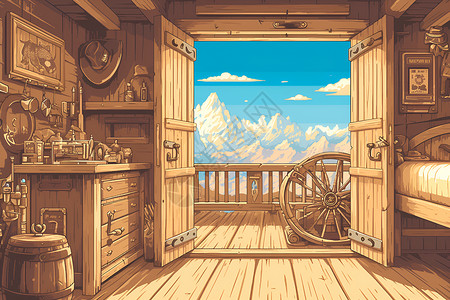 雪山上的木质房间背景图片