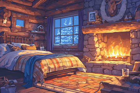 木质卧室温馨冬日小屋的木质床插画