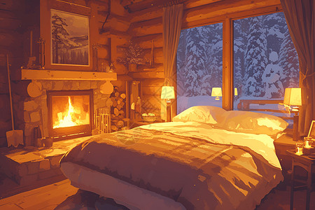 壁炉前冬日温馨的卧室插画