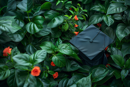 毕业帽与学位证书在青翠葱茏下背景