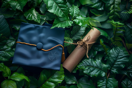 毕业帽与文凭在翠绿背景下高清图片