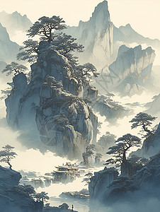 松树树木云雾弥漫的山水与流淌的河流插画