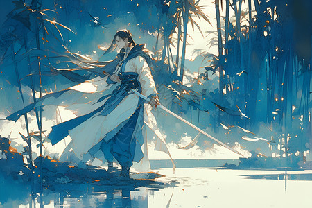 金鸡湖畔湖畔的剑客插画