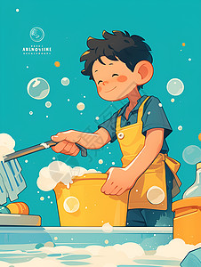 少年在洗碗洗碗泡沫高清图片