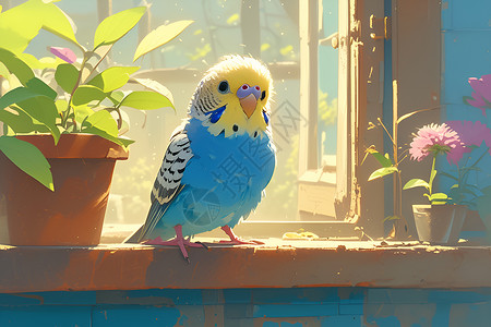 可爱的鸟类窗台上的小鸟插画