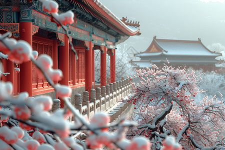 白雪红墙冬日禁城的梅花背景